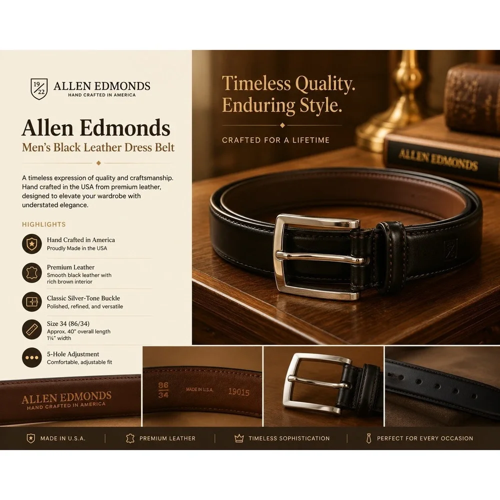 Allen Edmonds Men's Black Leather Dress Belt Size 34 Made in USA 19015